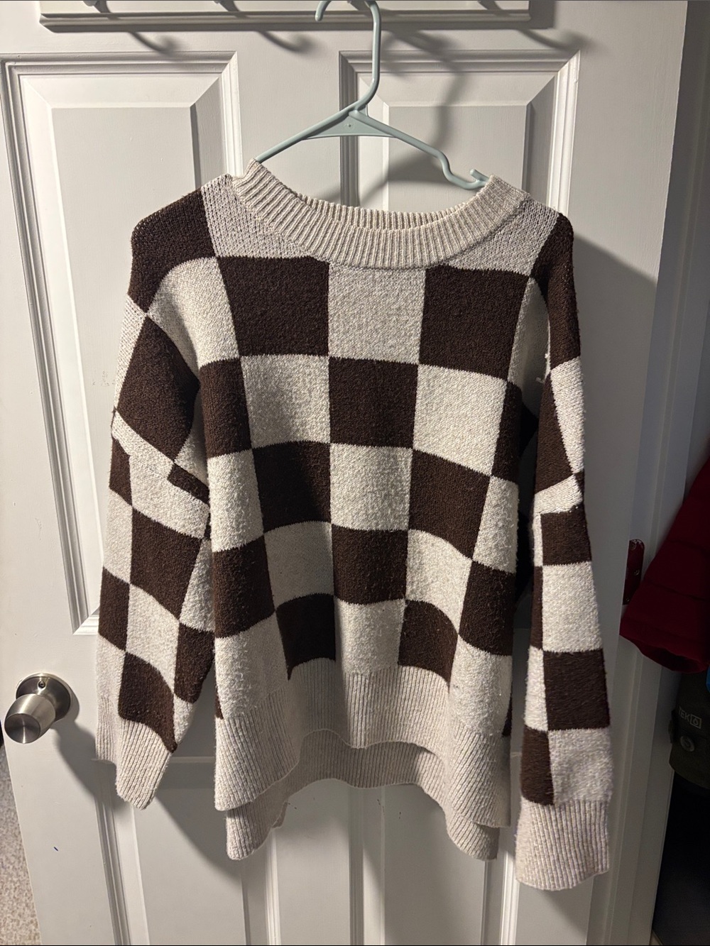 Checkerboard Crewneck Sweater in Brown and Cream